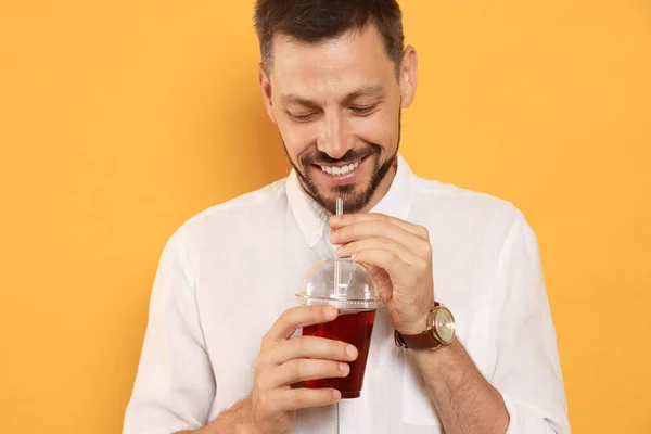 Man Drinking Delicious Juice Orange Background — Stock Photo, Image