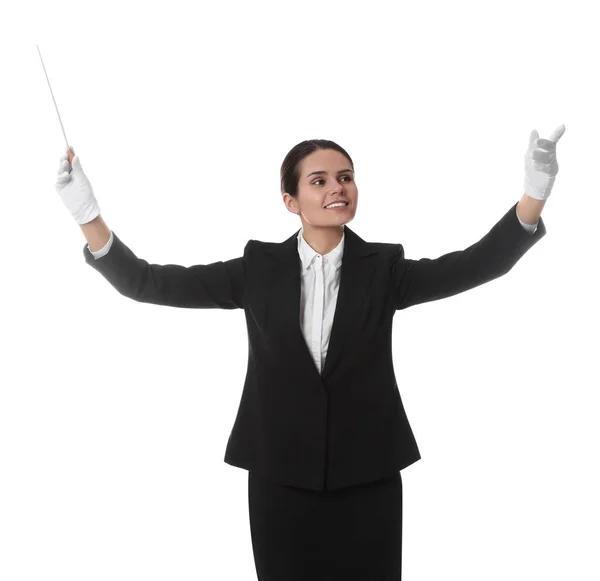 Šťastný Mladý Dirigent Obuškem Bílém Pozadí — Stock fotografie