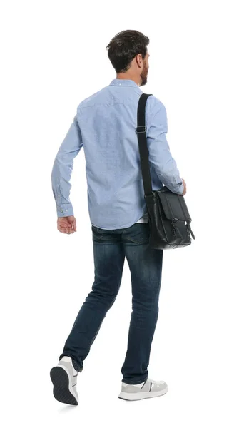 Mann Mit Tasche Stylischem Outfit Auf Weißem Hintergrund Rückseite — Stockfoto