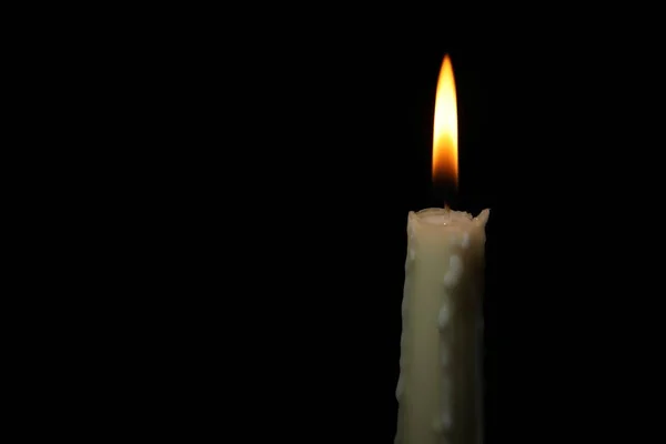 Burning Wax Candle Black Background Closeup Space Text — Stock Photo, Image