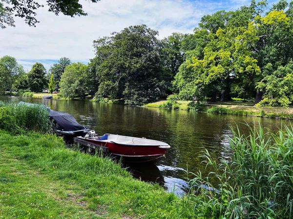 stock image Beautiful view of canal with moored boats on sunny day