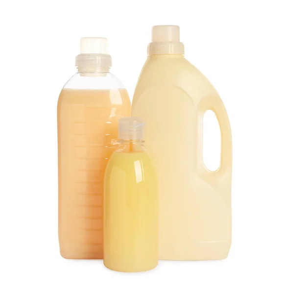 Frascos Diferentes Com Detergentes Sobre Fundo Branco — Fotografia de Stock