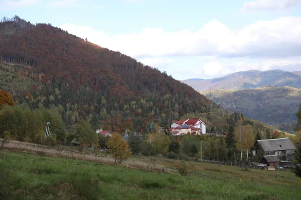 山の中の家や木の絵のような景色 — ストック写真