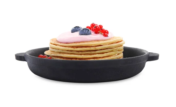 Pancake Lezat Dengan Yogurt Alami Blueberry Dan Kismis Merah Dengan — Stok Foto