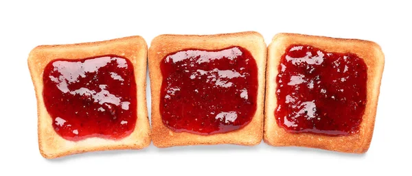Delicious Crispy Toasts Berry Jam White Background Top View — Stok Foto