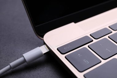 Siyah masada ışık konnektörü ve laptop olan USB kablosu, yakın plan