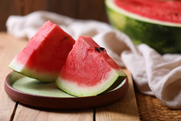 Sliced Fresh Juicy Watermelon Wooden Table Closeup — 图库照片