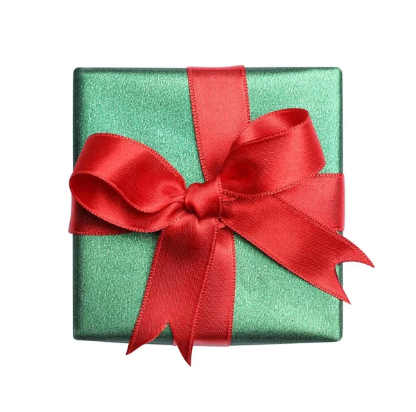 Χριστουγεννιάτικο Δώρο Κουτί Κόκκινη Κορδέλα Που Απομονώνεται Λευκό Top View — Φωτογραφία Αρχείου