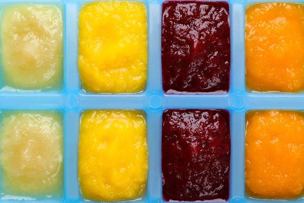 Different Purees Ice Cube Tray Closeup Ready Freezing — Stock Photo, Image