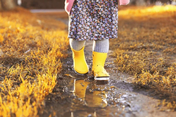小さな女の子は 屋外の水たまりの中を歩いてゴム製のブーツを着て クローズアップ — ストック写真