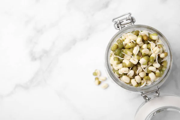 stock image Glass jar with sprouted green mung beans on white marble table, top view. Space for text