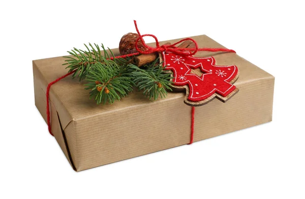Christmas Gift Decorated Box Wrapped Kraft Paper White Background — Stock Photo, Image