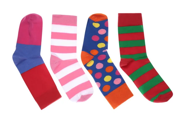 Different Colorful Socks White Background Top View — Stock Photo, Image