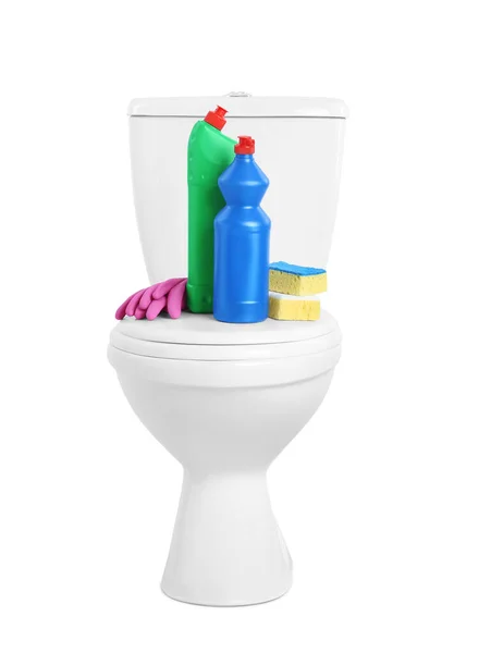 Toilettenschüssel Und Reinigungsmittel Auf Weißem Hintergrund — Stockfoto