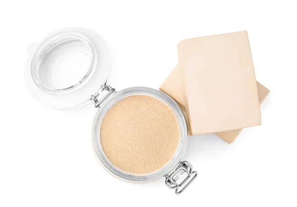 stock image Compressed and granulated yeast on white background, top view