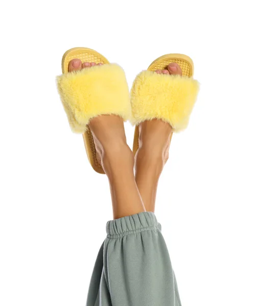 Woman Fluffy Slippers White Background Closeup — Stock Photo, Image