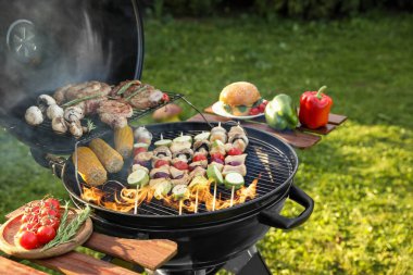 Barbekü ızgarasında et ve sebze pişirmek