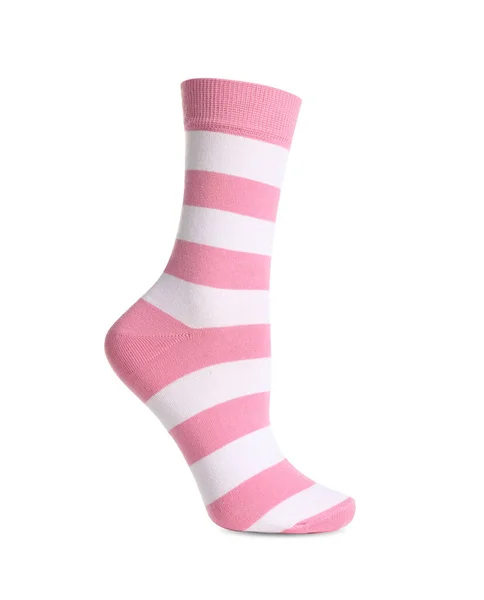 Jedna Růžová Pruhovaná Ponožka Izolovaná Bílém — Stock fotografie
