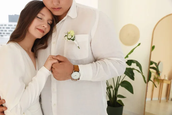 Happy Bride Groom Together Indoors Wedding Couple — Stock Photo, Image