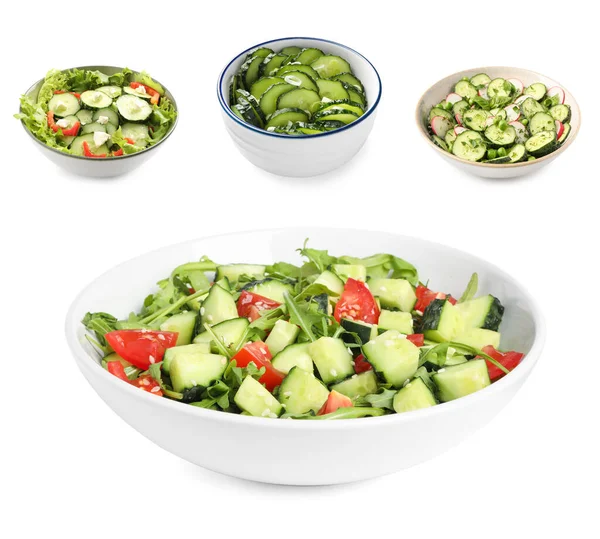 Leckerer Salat Mit Gurken Und Verschiedenen Zutaten Auf Weißem Hintergrund lizenzfreie Stockbilder