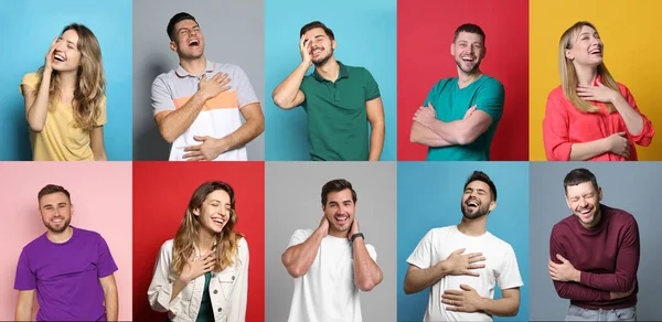 Collage Con Fotos Personas Riendo Diferentes Fondos Color Diseño Banner — Foto de Stock