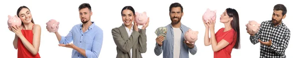 Colagem Com Fotos Pessoas Segurando Bancos Porquinhos Cerâmicos Fundo Branco — Fotografia de Stock
