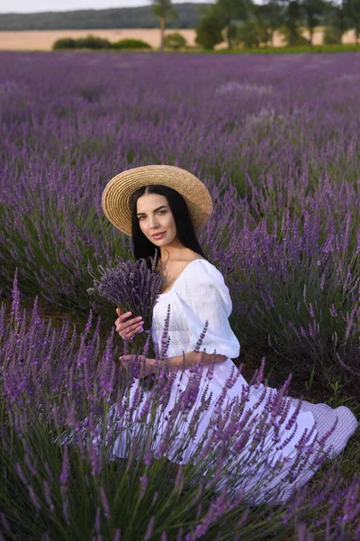 Beautiful Young Woman Sitting Lavender Field — Stockfoto
