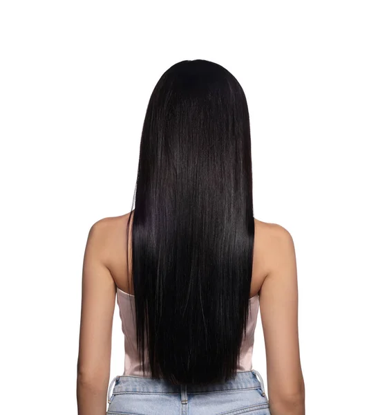 Mujer Con Cabello Fuerte Saludable Sobre Fondo Blanco Vista Posterior — Foto de Stock