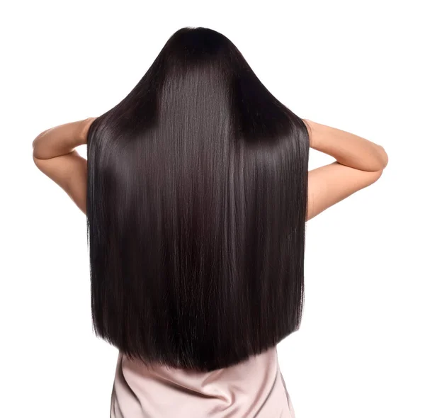 Женщина Крепкими Здоровыми Волосами Белом Фоне Вид Сзади — стоковое фото