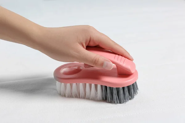 Woman Cleaning White Mattress Brush Closeup — Stock Photo, Image