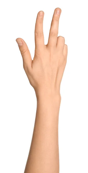 Kobieta Gestykulująca Białym Tle Zbliżenie Dłoni — Zdjęcie stockowe