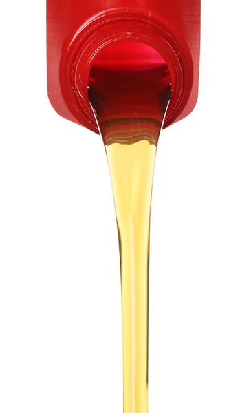Pouring Motor Oil Red Container Isolated White — Stockfoto