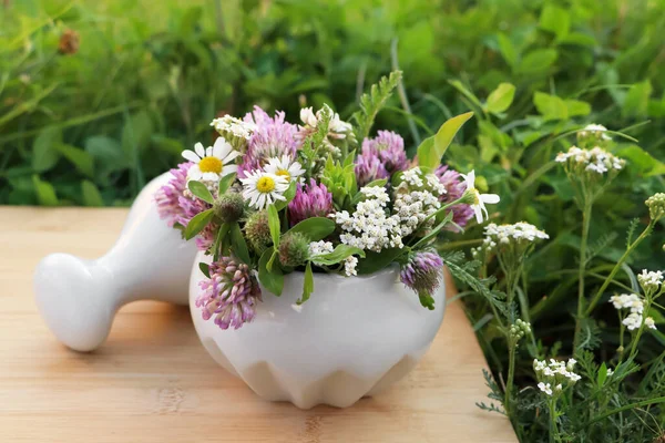 Ceramic Mortar Pestle Different Wildflowers Herbs Wooden Board Meadow — 스톡 사진