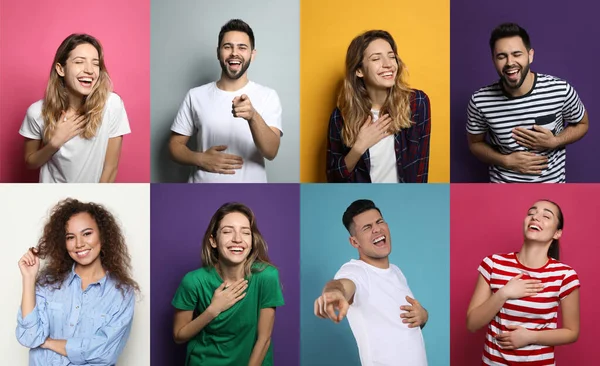 Collage Mit Fotos Von Menschen Die Auf Verschiedenfarbigen Hintergründen Lachen — Stockfoto
