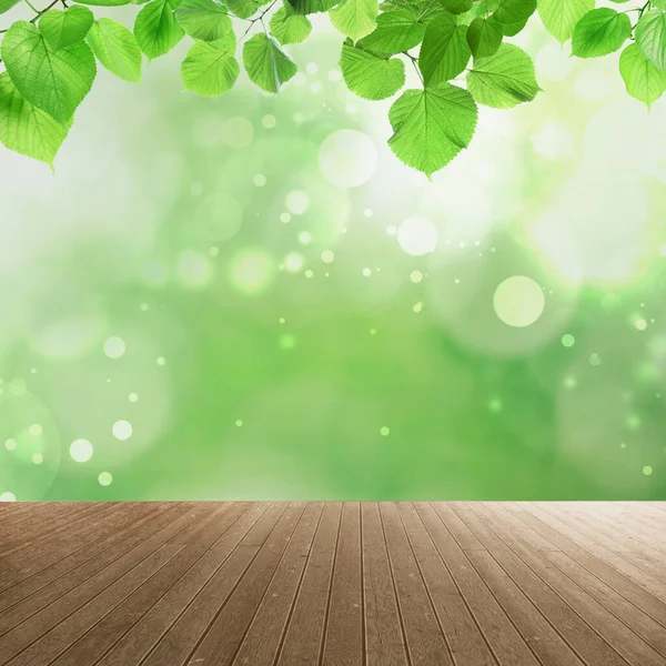 Leere Holzoberfläche Und Schöne Grüne Blätter Auf Verschwommenem Hintergrund Bokeh — Stockfoto