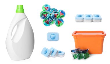 Beyaz arkaplanda farklı çamaşır ürünleri ile ayarlandı