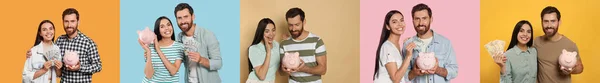 Collage Photos People Holding Ceramic Piggy Banks Different Color Backgrounds — Stock Photo, Image