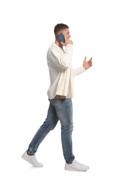 Man Talking Smartphone While Walking White Background — Stock Photo, Image