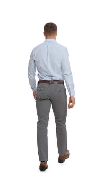 Man Formal Outfit Walking White Background Back View — Stock Photo, Image