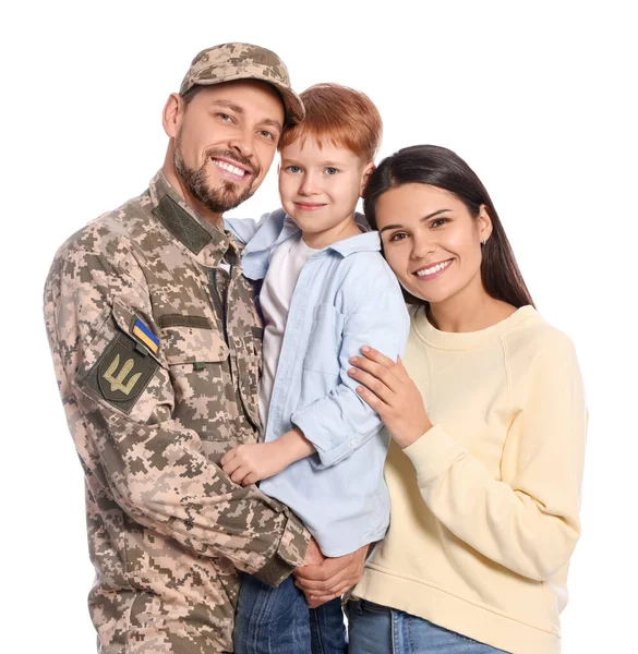 Ukrainsk Försvarare Militär Uniform Och Hans Familj Vit Bakgrund — Stockfoto