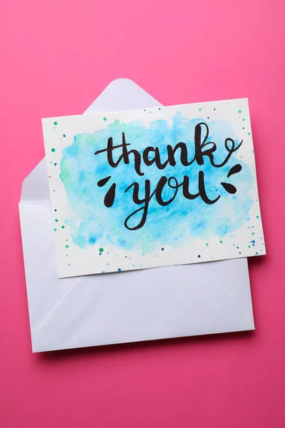 Envelope Card Phrase Thank You Pink Background Top View — стокове фото