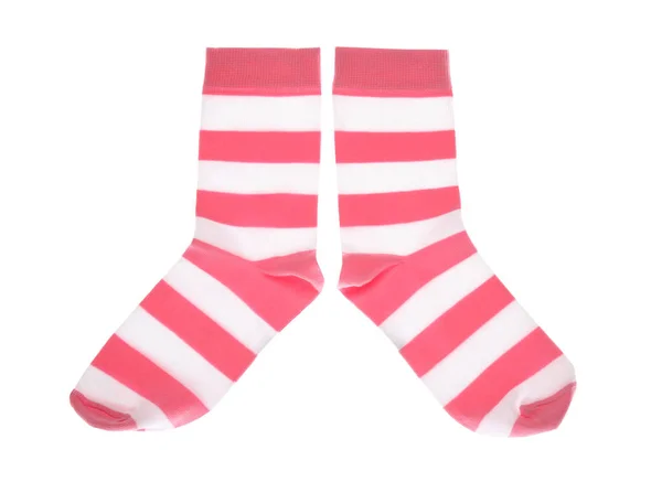Růžové Pruhované Ponožky Bílém Pozadí Horní Pohled — Stock fotografie