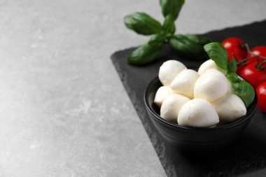 Lezzetli mozzarella topları, açık gri masada fesleğen ve domates, metin için yer