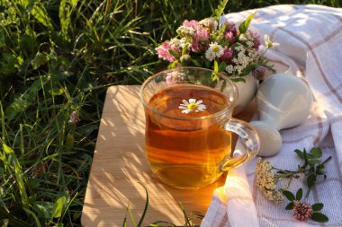 Cup of aromatic herbal tea, pestle and ceramic mortar with different wildflowers on green grass outdoors. Space for text
