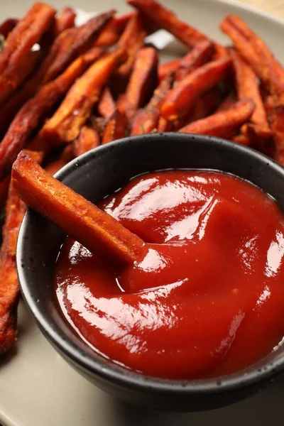 Sweet Tasty Potato Fries Ketchup Plate Closeup — Stock Photo, Image