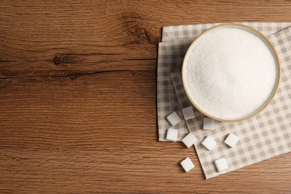 Granulierter Und Raffinierter Zucker Auf Holztisch Flach Gelegt Raum Für — Stockfoto