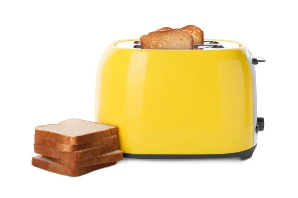 stock image Yellow toaster with roasted bread slices on white background