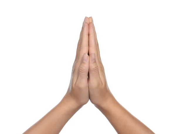 Woman Holding Hands Clasped While Praying White Background Closeup — Stock Photo, Image