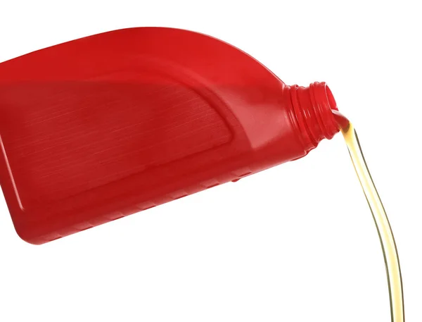 Man Pouring Motor Oil Red Container White Background Closeup — Stockfoto