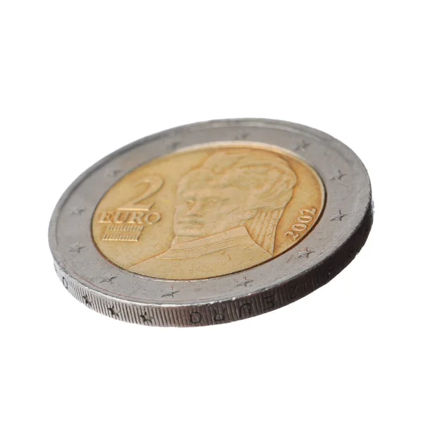 Moeda Brilhante Dois Euros Isolada Branco — Fotografia de Stock